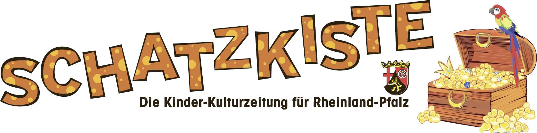 Schriftzug: Schatzkiste. Die Kinder-Kultur-Zeitung für Rheinland-Pfalz. Abgebildet ist das Wappen von Rheinland-Pfalz. Rechts davon ist eine mit Münzen gefüllte Schatzkiste. Auf der Kiste sitzt ein Papagei.