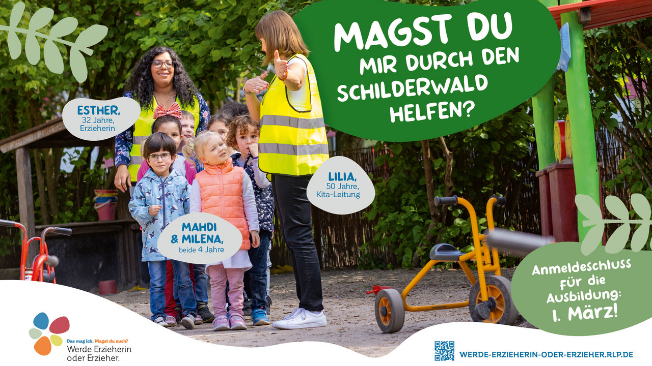 Zu sehen sind zwei Erzieherinnen, die Kitakindern die Verkehrsregeln näher bringen. Unten auf dem Plakat ist der Zusatz: Anmeldeschluss für die Ausbildung ist der 1. März.