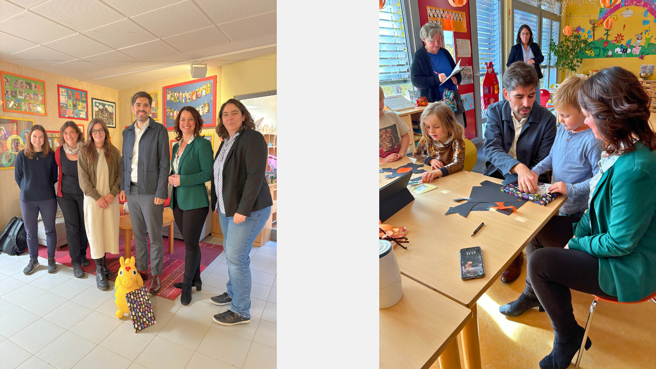 Foto links: Bildungsminister Sven Teuber mit dem Kita-Personal. Foto rechts: Sven Teuber bastelt mit den Kindern.